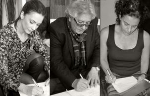 Trois personnalités roumaines célèbres ajoutant leurs signatures à une pétition demandant au gouvernement iranien d’accorder aux bahá’ís leurs droits de l’homme fondamentaux. Ce sont, de gauche à droite, la présentatrice du journal télévisé Andreea Berecleanu, le musicien Ovidiu Lipan Tandarica et l’actrice Maia Morgenstern.