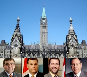 Le débat à la Chambre des communes du Canada sur les violations des droits de l’homme de l’Iran coïncidait avec le quatrième anniversaire de l’arrestation de six des sept responsables bahá’ís emprisonnés. Le ministre des Affaires étrangères, John Baird, a publié une déclaration marquant cet anniversaire. Sur la photo (de gauche à droite) : M. Deepak Obhrai, secrétaire parlementaire du ministre des Affaires étrangères ; John Baird, ministre des Affaires étrangères ; Scott Reid et Irwin Cotler.