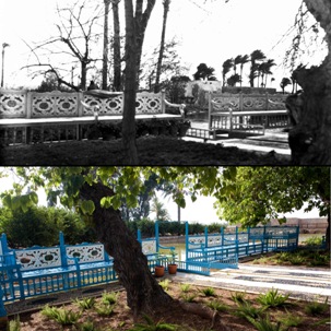 En haut : une photo des années 20 montre le canal d’origine derrière les bancs à l’est du jardin de Ridván. En bas : le jardin tel qu’il apparaît aujourd’hui, après sa restauration et la remise en eau de l’île. Le siège derrière l’arbre avec deux plantes en pot à ses pieds est l’endroit où Bahá'u'lláh se reposait souvent.