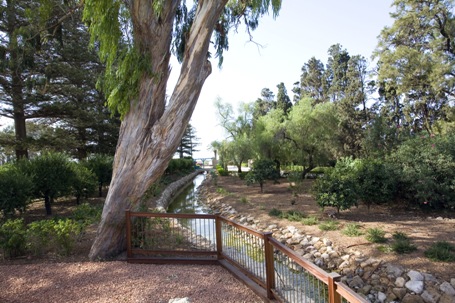 Prise depuis le puits, vue sud du pont situé à l’entrée du jardin de Ridván.
