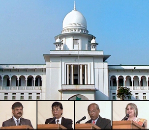 Quelques-uns des orateurs ayant parlé à la conférence sur les lois bahá’íes qui a eu lieu à la Cour suprême du Bangladesh, le 3 décembre. Sur la photo, de gauche à droite : M. Mizanur Rahman, président de la Commission des droits de l’homme du Bangladesh ; M. S.N. Goswami, avocat ; M. le juge Delwar Hossain ; et Mme Jena Shahidi, membre de l’Assemblée spirituelle nationale des bahá’ís du Bangladesh.