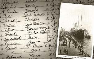 Les noms de ‘Abdu’l-Bahá et ceux de quelques personnes de son entourage tels qui apparaissaient sur la liste des passagers pour la traversée de Naples à New-York sur le Cedric, le 30 mars 1912.