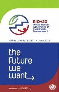La couverture d’une brochure destinée à la conférence des Nations unies sur le développement durable. Le logo de Rio+20 montre les trois composants du développement durable : la justice sociale, la croissance économique et la protection de l’environnement, assemblés pour former la silhouette d’un globe.