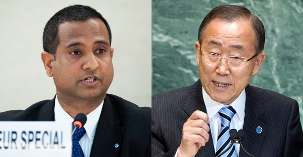Ahmed Shaheed (à gauche), le rapporteur spécial des Nations unies sur la situation des droits de l’homme en Iran et le secrétaire général Ban Ki-moon (à droite). Photos ONU/Jean-Marc Ferre et Marco Castro