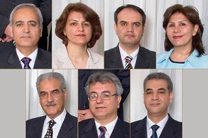 Photos des sept dirigeants bahá’ís emprisonnés : en haut en partant de la gauche, Berouz Tavakkoli, Fariba Kamalabadi, Vahid Tizfahm, Mahvash Sabet ; en bas en partant de la gauche, Jamaloddin Khanjani, Saeid Rezaie et Afif Naemi.