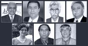 Les sept enseignants bahá’ís emprisonnés sont (rangée du haut, de g. à dr.) : Mahmoud Badavam, Ramin Zibaie, Riaz Sobhani, Farhad Sedghi ; (rangée du bas, de g. à dr.) : Noushin Khadem, Kamran Mortezaie et Vahid Mahmoudi.