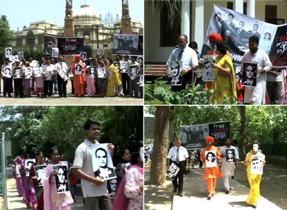 Des photos des sept responsables bahá’ís emprisonnés figuraient bien en vue dans la marche organisée par United4Iran à travers les rues de New Dehli. Les photos sont tirées d’une vidéo.