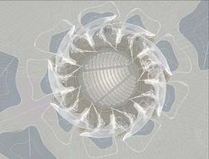 Un dessin conceptuel illustrant une vue en plan de la maison d’adoration bahá’íe pour l’Amérique du Sud.