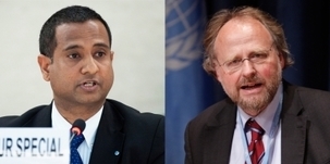 En partant de la gauche : Ahmed Shaheed, rapporteur spécial aux Nations unies sur la situation des droits de l’homme dans la République islamique d’Iran, et Heiner Bielefeldt, rapporteur spécial aux Nations unies pour la liberté de religion et de croyance. Photos ONU/Jean-Marc Ferre et Paulo Filgueiras.