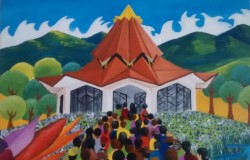 Une peinture de la maison d’adoration bahá’íe du Norte del Cauca par l’artiste Carlos Rosa.