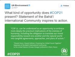 Le Programme des Nations unies de l’environnement (PNUE) a posté sur Twitter un passage de la déclaration officielle de la CIB pour le COP21, intitulée Vision commune, volonté commune : Ensemble choisissons le futur de notre monde.