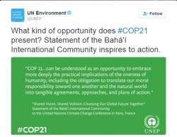 Le Programme des Nations unies de l’environnement (PNUE) a posté sur Twitter un passage de la déclaration officielle de la CIB pour le COP21, intitulée Vision commune, volonté commune : Ensemble choisissons le futur de notre monde. 