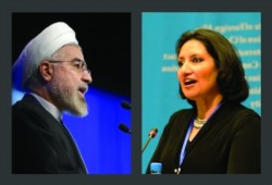 Le président iranien, Hassan Rohani ; Bani Dugal, la principale représentante de la Communauté internationale bahá’íe auprès des Nations unies.
