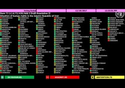Tableau de décompte des votes des Nations unies pour la résolution de l’Assemblée générale sur l’Iran.