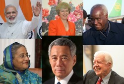 Parmi les dirigeants qui ont adressé des messages de soutien et de reconnaissance à la communauté bahá’íe à l’occasion du bicentenaire figuraient des chefs d’État et de gouvernement. En haut (de gauche à droite) : le Premier ministre indien Narendra Modi, Theresa May, Premier ministre du Royaume-Uni, et le premier président de la Zambie, Kenneth Kaunda. En bas (de gauche à droite): le Premier ministre du Bangladesh Sheikh Hasina, Le Premier ministre de Singapour, Lee Hsien Loong, et l’ancien président américain Jimmy Carter.