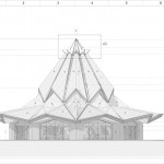 Dessin de l’équipe d’architecture montant les caractéristiques extérieures du temple, y compris le toit en tuiles de terre cuite et sa couronne.