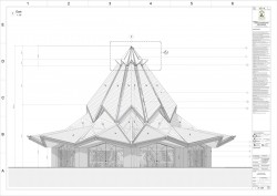 Dessin de l’équipe d’architecture montant les caractéristiques extérieures du temple, y compris le toit en tuiles de terre cuite et sa couronne.