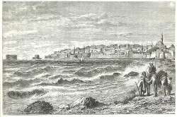 Dessin d’un livre publié dans les années 1880 représentant Akka depuis une plage à l’ouest de la ville. La porte de la mer est près du bord gauche de la digue. (Source : W.M. Thompson, “The Land and the Book”)