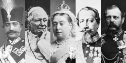 (De gauche à droite) Nasiri’d-Din Shah d’Iran, le pape Pie IX, la reine Victoria, Napoléon III de France et le tsar Alexandre II de Russie qui ont reçu des épîtres de Bahá’u’lláh écrites à Acre.