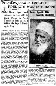 Article du « Buffalo Courier » du 11 septembre 1912 faisant référence à la causerie donnée par ‘Abdu’l-Bahá la nuit précédente dans laquelle il prédit la guerre à venir. Selon le journal, il y disait : « Le continent européen est un vaste arsenal qui n’a besoin que d’une étincelle et toute l’Europe deviendra un lieu dévasté. »