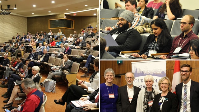 Photographies prises avant la crise sanitaire actuelle. Au cours des dernières années, la communauté bahá’íe canadienne s’est impliquée dans l’organisation de nombreuses conférences et d’autres espaces pour discuter de la place de la religion dans la vie publique et de la contribution de la religion à l’amélioration de la société. On voit ici est une conférence annuelle intitulée  Une société complète