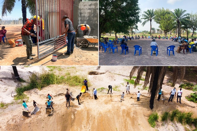 Rassemblements en personne organisés conformément aux mesures de sécurité exigées par le gouvernement. Des habitants de Kinshasa se sont portés volontaires sur le site du temple, participant à de nombreux aspects du projet.