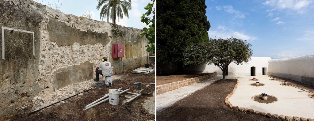 Dans la cour adjacente à la maison, l’allée a été repavée et les murs ont subi différentes étapes de réparation, pour renforcer leur centre et réappliquer le plâtre.