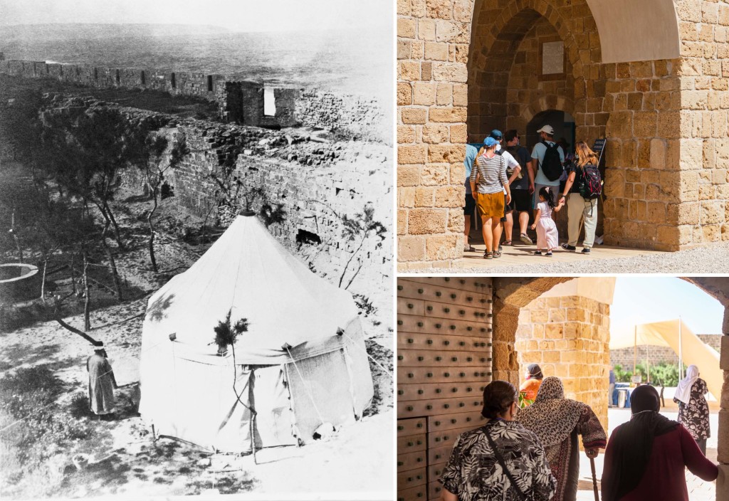 Pendant qu’il vivait dans la maison de ‘Abdu’llah Pasha, ‘Abdu’l-Bahá recevait régulièrement des visiteurs de tous les segments de la société, de toutes religions et de tous les milieux. La photo de gauche montre la tente de ‘Abdu’l-Bahá dressée dans la cour de la maison de ‘Abdu’llah Pasha, c. 1907.