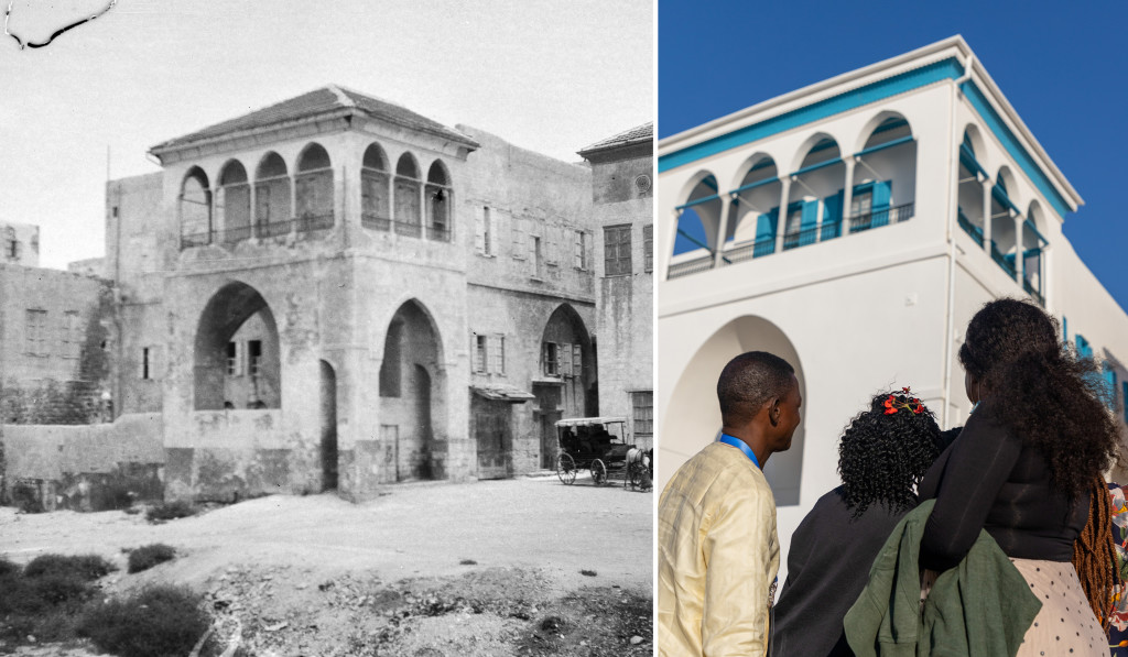 À gauche, une vue historique de la maison de ‘Abbúd (vers 1920). À droite, une vue des participants arrivant à la maison.