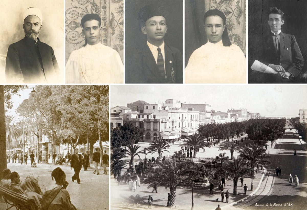 Ces photos montrent certains des jeunes qui ont embrassé les enseignements bahá’ís peu après leur rencontre avec cheikh Muḥyí’d-Dín Sabrí (en haut à gauche) sur le boulevard principal de Tunis que l’on voit aussi.