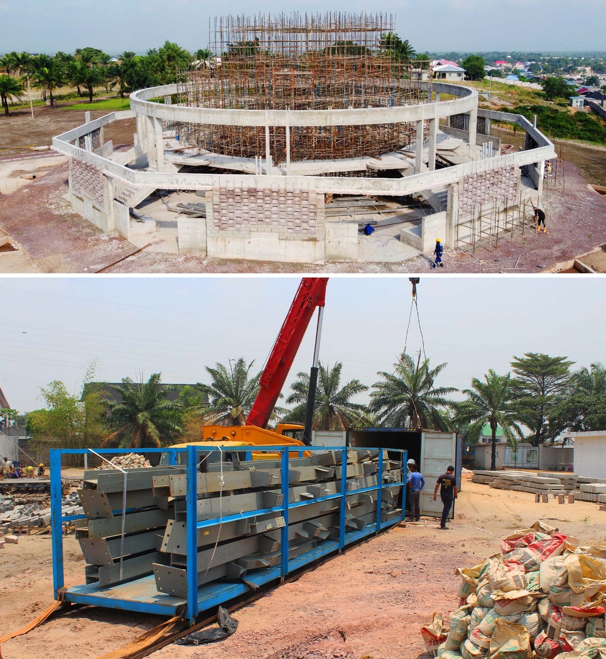 Peu après l’achèvement de la structure en béton du rez-de-chaussée et de la galerie du temple (en haut), les éléments de charpente en acier nécessaires à la superstructure du dôme sont arrivés sur le site (en bas).