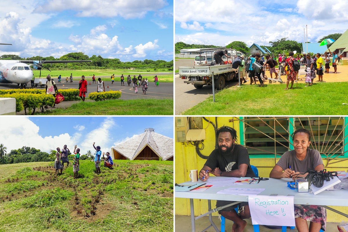 Membres d’institutions bahá’íes des communautés de tout le Vanuatu arrivant sur l’île de Tanna pour se consulter sur les besoins de leur société et planifier les prochaines conférences dans ce pays.
