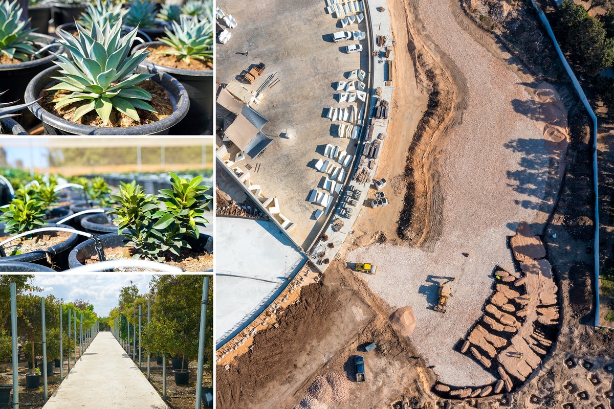 Un autre développement notable sur le site est le travail d’aménagement paysager des jardins qui entoureront le mausolée. On voit ici quelques-unes des plantes (à gauche) qui sont cultivées dans une pépinière hors site et un chemin de jardin sinueux (à droite) qui est aménagé sur le côté est du mausolée.