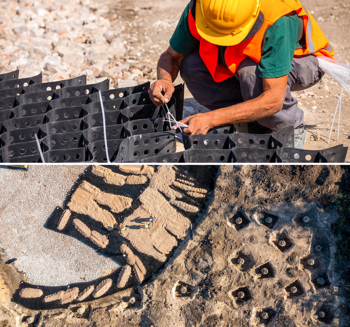 La photo du haut montre un réseau Geoweb de conteneurs poreux interconnectés qui confinent la couche de base du sol, une technique standard utilisée pour renforcer les fondations de l’allée latérale du jardin.