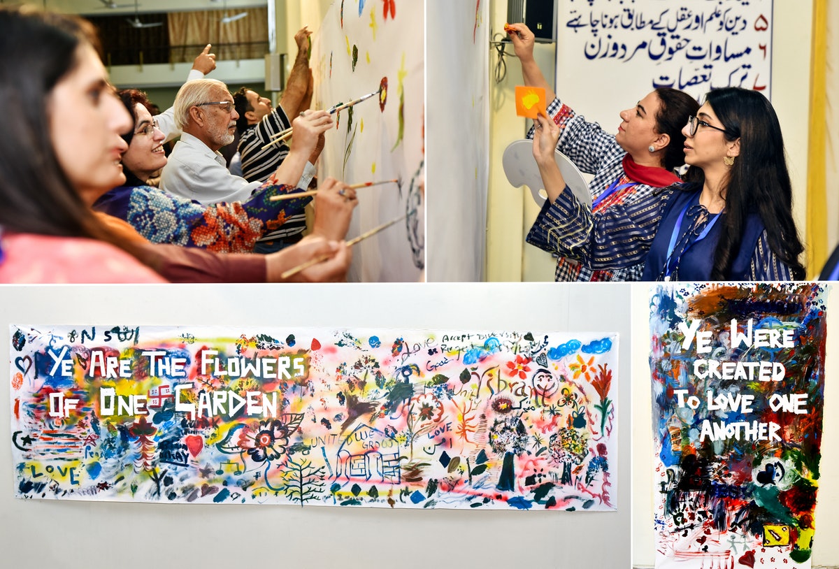 À Islamabad, au Pakistan, les participants à une conférence locale ont contribué à la création d’œuvres d’art sur des thèmes tels que l’harmonie entre la religion et la science, l’égalité des femmes et des hommes et l’éradication des préjugés.