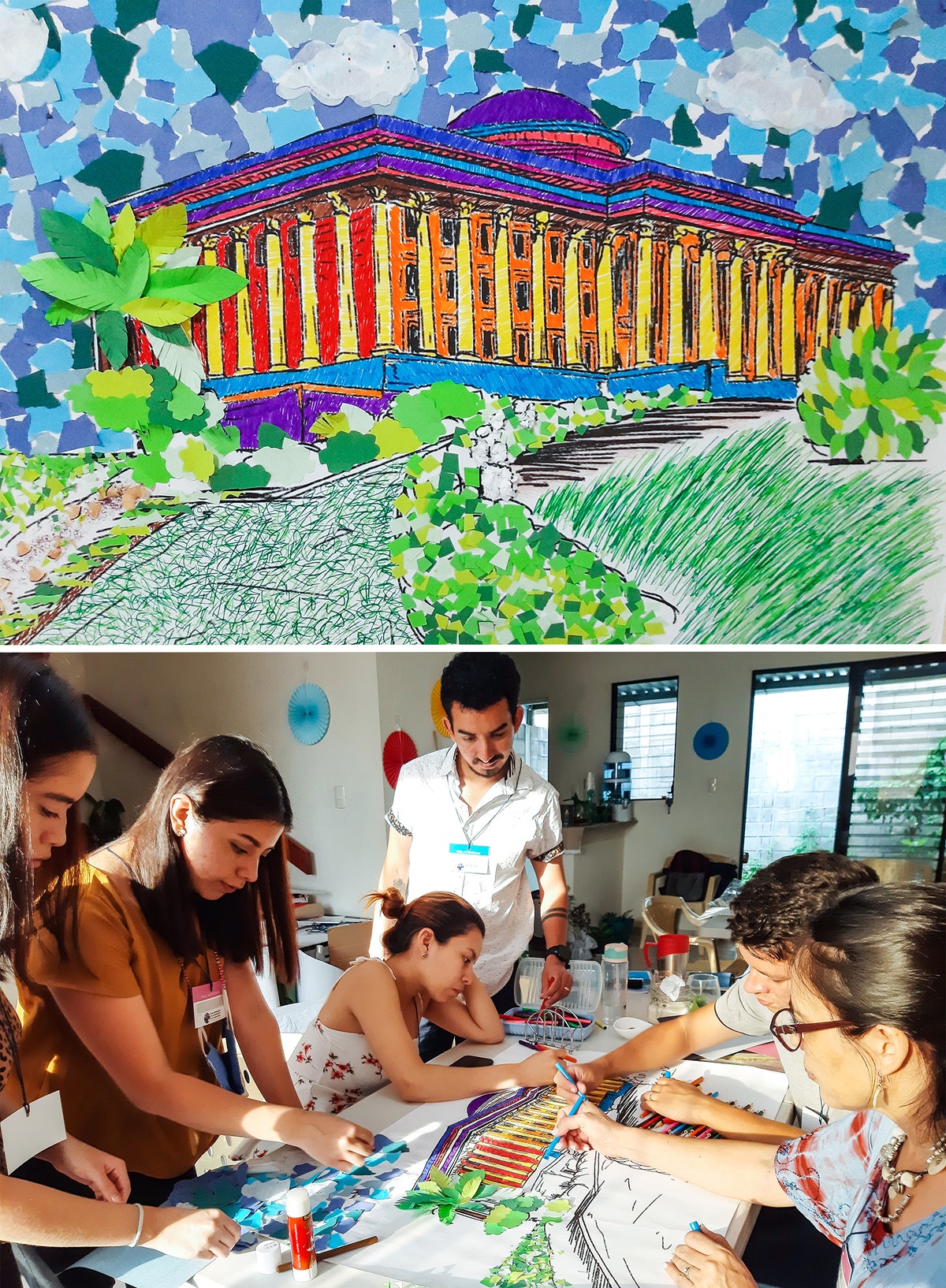 Les participants à un rassemblement à Colon, au Salvador, ont créé une œuvre collaborative en mosaïque de papier représentant le siège de la Maison universelle de justice au Centre mondial bahá’í.