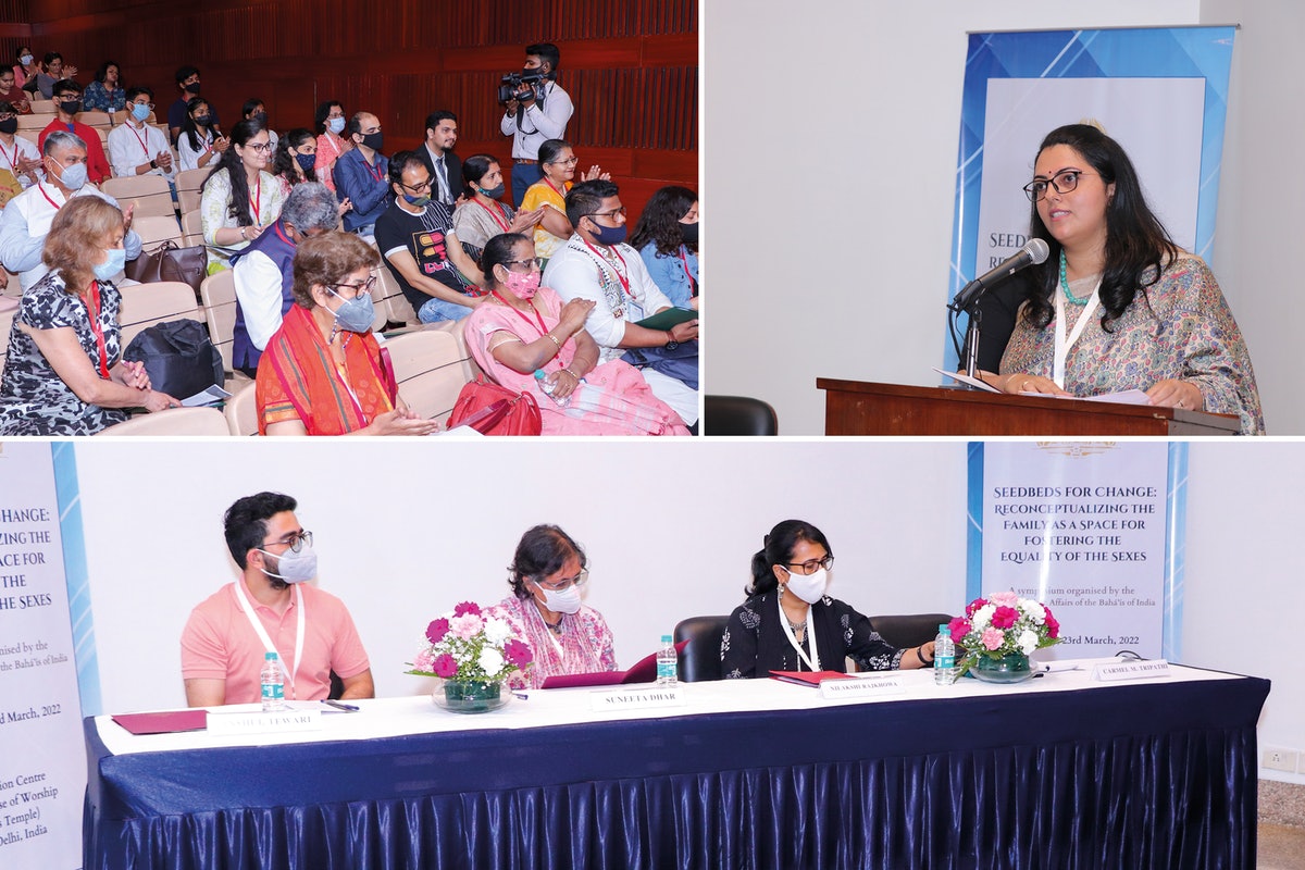 Parmi les thèmes explorés lors du récent symposium organisé par le Bureau bahá’í des affaires publiques, on peut citer : le partage des fonctions d’éducation et de soins et la consultation comme base de la prise de décision. En haut à droite : Carmel Tripathi du Bureau des affaires publiques. En bas : Anshul Tewari, fondateur de Youth ki Awaaz.