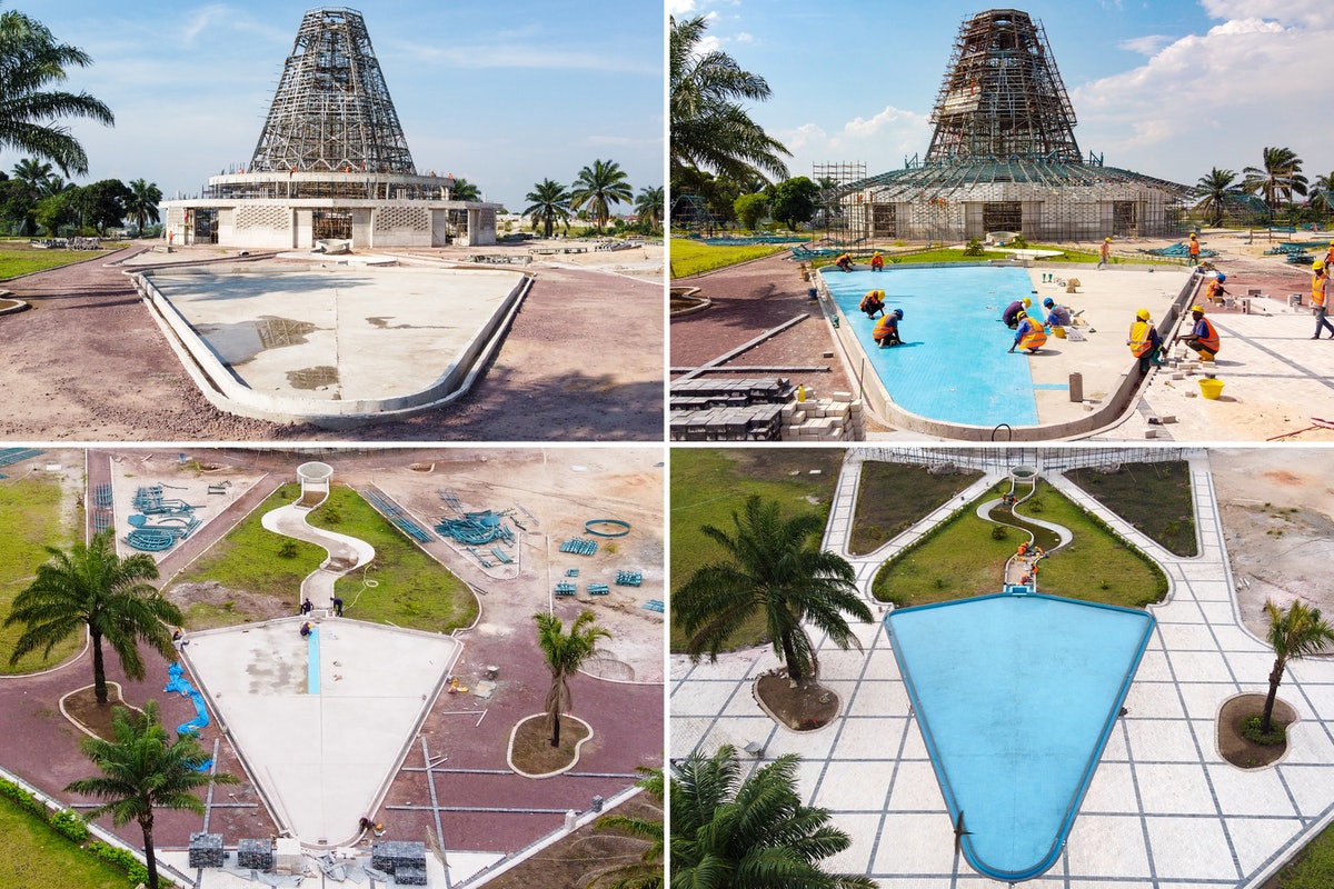 Le miroir d’eau, maintenant terminé, à différents stades de sa construction.