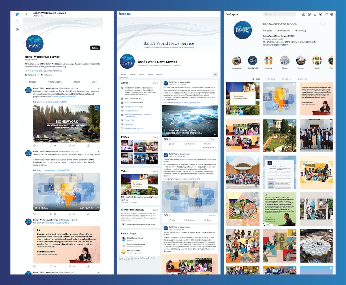Le Bahá'í World News Service est disponible sur Facebook, Instagram et  Twitter.