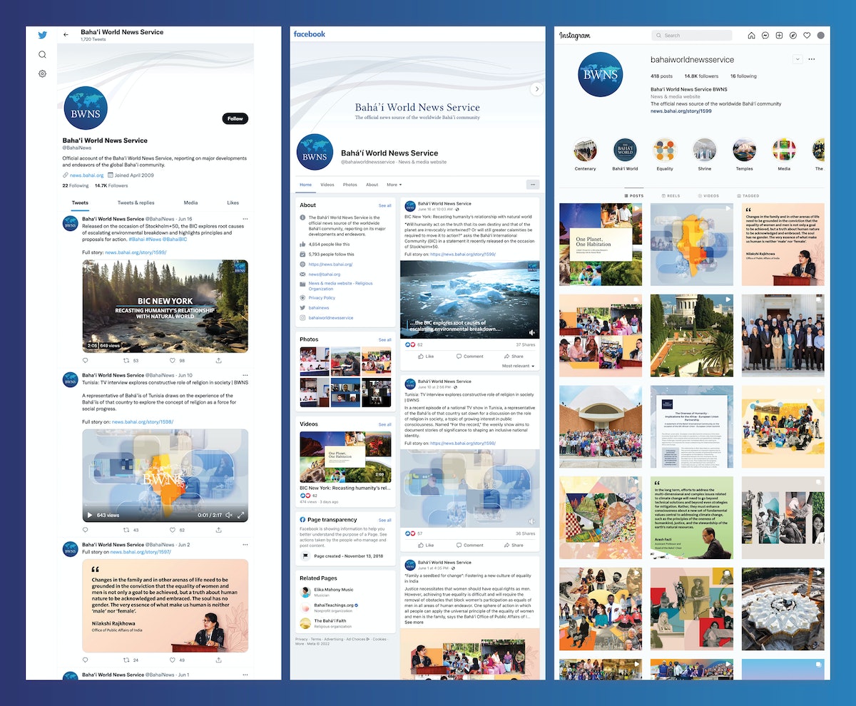 Le Bahá'í World News Service est disponible sur Facebook, Instagram et Twitter.
