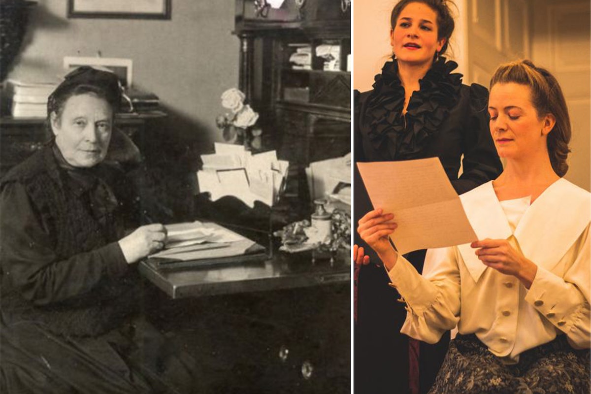 À gauche : Une photo de Marianne Hainisch vers 1905 à la bibliothèque municipale de Vienne. À droite : Une dramatisation de Marianne Hanisch lisant un poème de Táhirih.