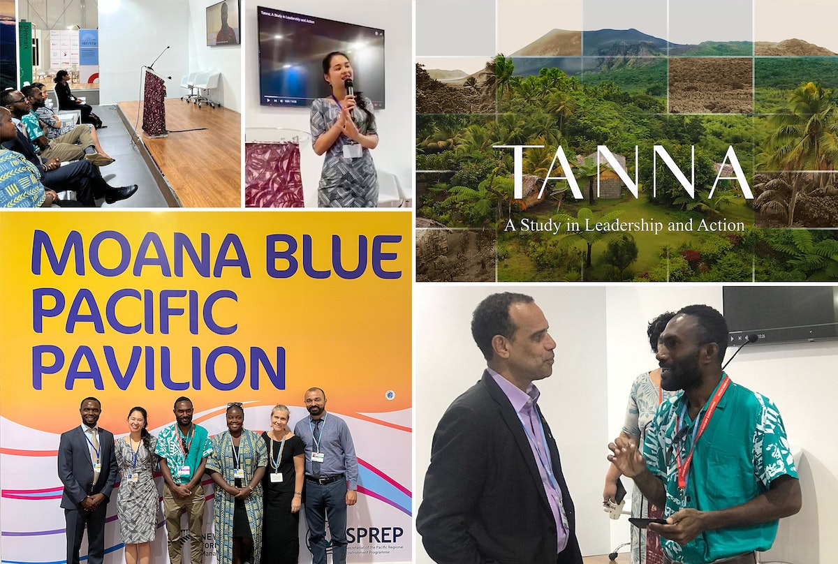 Projection du film du BIC « Tanna : une étude sur le leadership et l’action ». Image en bas à droite, à gauche : Ralph Regenvanu, ministre de l’Adaptation au changement climatique du Vanuatu.