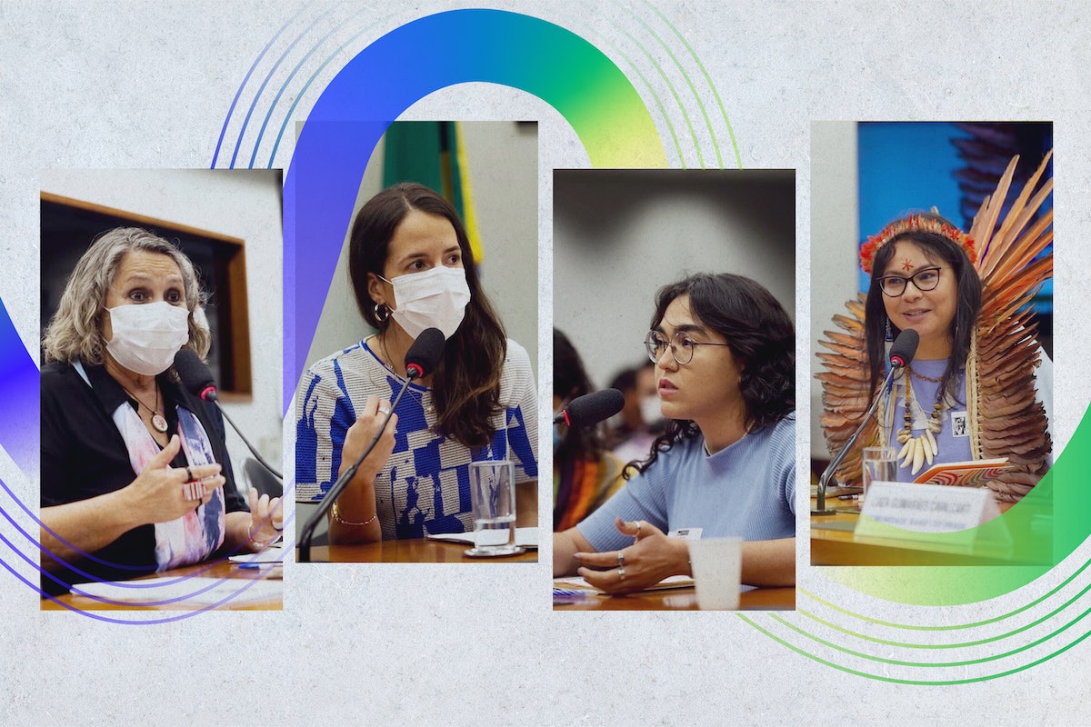 Les participants à la session publique comprenaient (de gauche à droite) : Erika Kokay, députée fédérale de la chambre basse du Congrès brésilien, Luiza Cavalcanti et Renata Bahrampour, membres du Bureau bahá’í des affaires extérieures du Brésil, et Daiara Tukano, artiste autochtone et chercheuse en droits de l’homme.