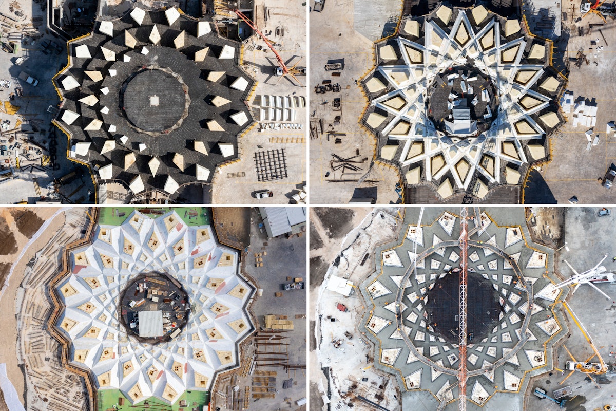 Série de photos montrant les différentes étapes de la construction du treillis, en commençant par la construction du coffrage en polystyrène expansé et en terminant par le coulage du béton dans les coffrages.