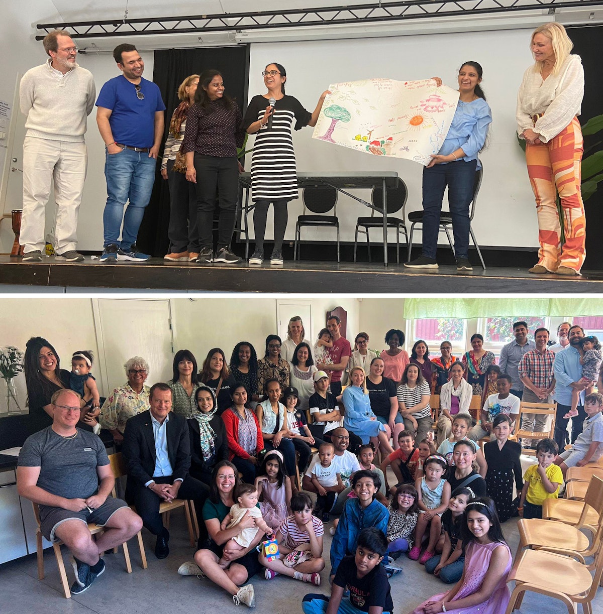 En haut : Les activités bahá’íes de développement de communautés ont donné lieu à différentes initiatives qui permettent à des personnes d’origines diverses de nouer des liens d’amitié, comme on le voit ici dans l’un des nombreuses « fêtes de familles » du quartier ; en bas : une réunion de quartier au cours de laquelle des jeunes ont exploré les enseignements issus de leur expérience au service de la société. Anders Österberg (à gauche) et Anders Ygeman (deuxième à partir de la gauche), qui étaient à l’époque respectivement membre du Parlement suédois et ministre de l’Intégration et de la migration, se sont rendus à cette réunion.