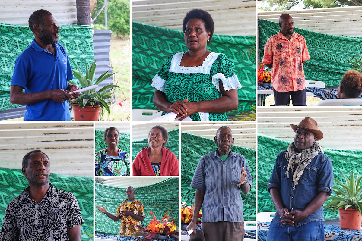 Les participants au rassemblement sont issus de milieux et de communautés religieuses différents. En haut, de gauche à droite : le chef Sam Lyn ; Disline Iapum, responsable du temple ; le chef Yawus Nikiatu. En bas, de gauche à droite : Bob Noakaur, Mackline Noklam, Nemon Nawia, Numanian Iokaulo, habitants des communautés ; le chef Natuman Walalo.