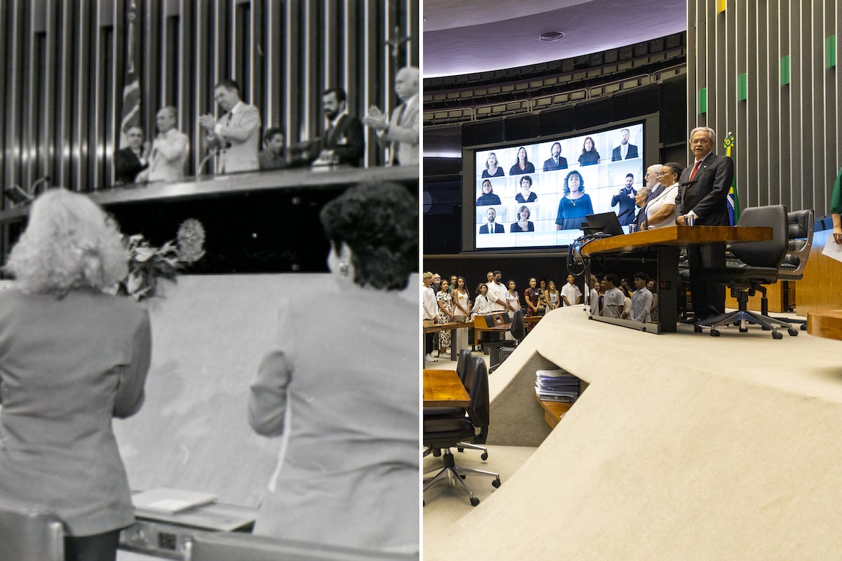 (À gauche) Session de 1992 de la Chambre des députés du Brésil commémorant le centenaire du décès de Bahá’u’lláh ; (à droite) Session 2023 honorant le centenaire de la foi bahá’íe au Brésil.