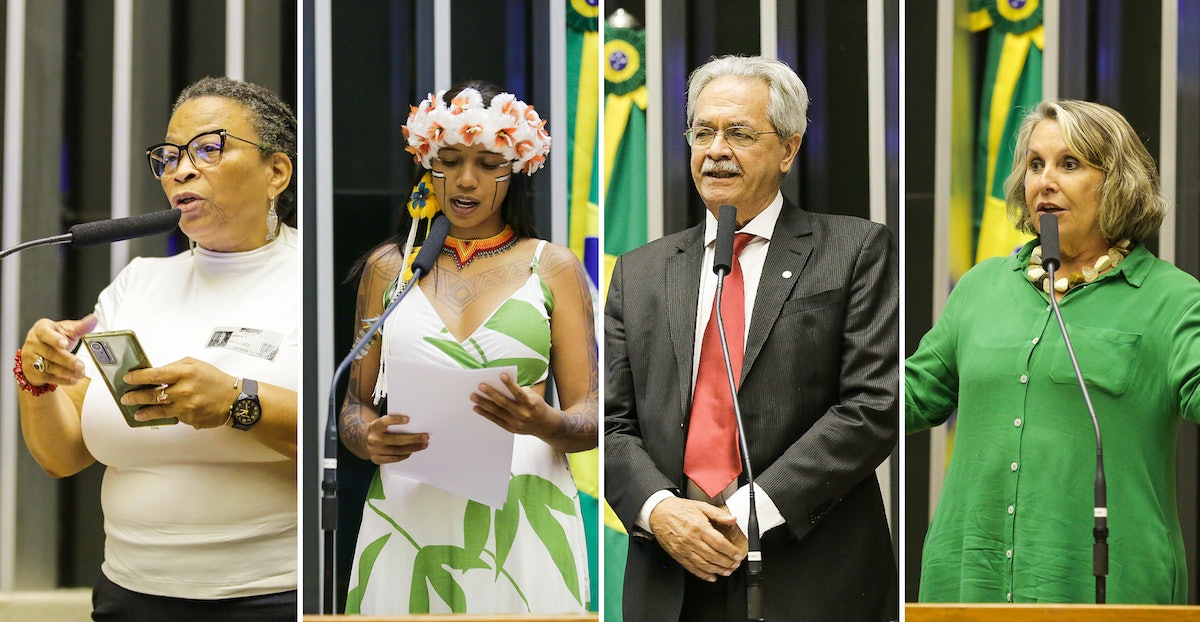 De gauche à droite : Lúcia Xavier, membre d’une organisation de la société civile ; Nayrí Cruz, représentant une communauté indigène ; Nilmário de Miranda, fonctionnaire du ministère des Droits de l’Homme et de la Citoyenneté ; Érika Kokay, députée.