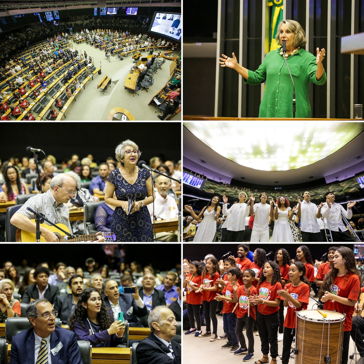 Au Brésil, la Chambre des députés du Congrès national du Brésil rappelle le siècle d’efforts de la communauté bahá’íe dans ce pays. La députée Érika Kokay (en haut à droite)  a parlé avec émotion du potentiel des enseignements bahá’ís pour inspirer une plus grande unité : « Dans cet hémicycle, qui a souvent connu des moments d’antagonisme, nous pouvons aujourd’hui écouter la symphonie de la paix présentée par la communauté bahá’íe. Les enseignements bahá’ís nous rappellent chaque jour que l’humanité est une. C’est un hymne d’un grand courage et le contrepoint de toutes les peurs : la foi en l’autre, la foi en la possibilité que tous les peuples puissent vivre en harmonie. »