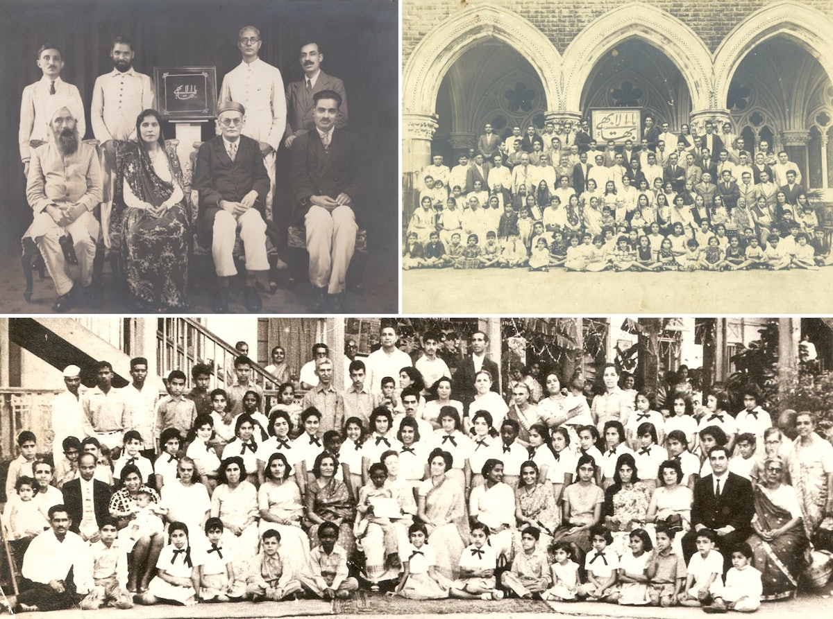 Photos historiques de la communauté bahá’íe de l’Inde. En haut à gauche : Des membres de l’Assemblée spirituelle bahá’íe de l’Inde, du Pakistan et de Birmanie. En haut à droite : Des membres de la première communauté bahá’íe du pays. En bas : Des étudiants du lycée New Era à Panchgani et des membres de l’Assemblée spirituelle nationale des bahá’ís de l’Inde lors d’une réunion avec Amatu’l-Bahá Rúhíyyih Khánum.